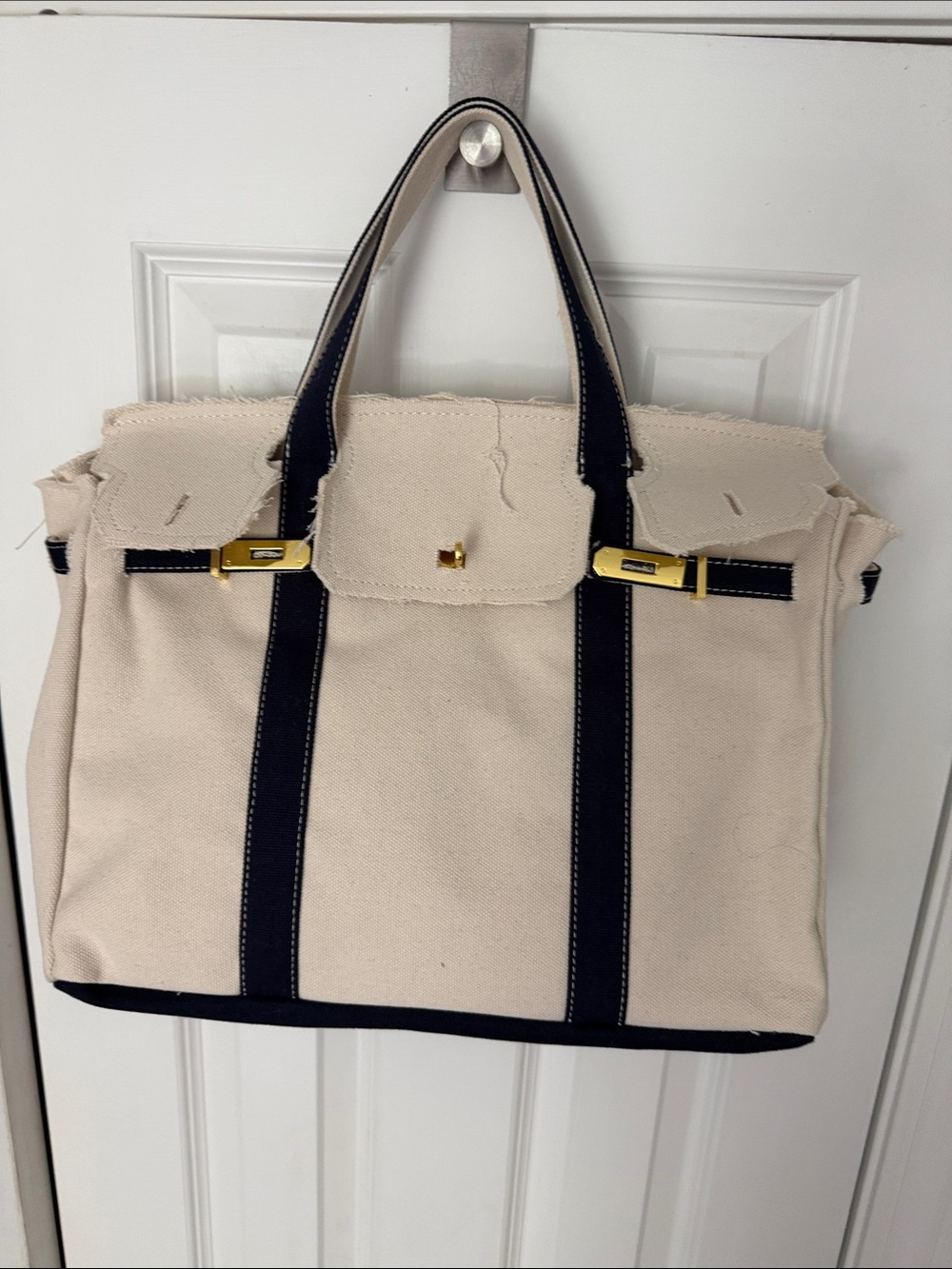 Boatmin Canvas Tote Bag with Navy Trim and Gold Hardware